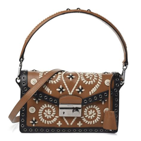 PRADA Saffiano Embroidered Pattina Sound Shoulder Bag 